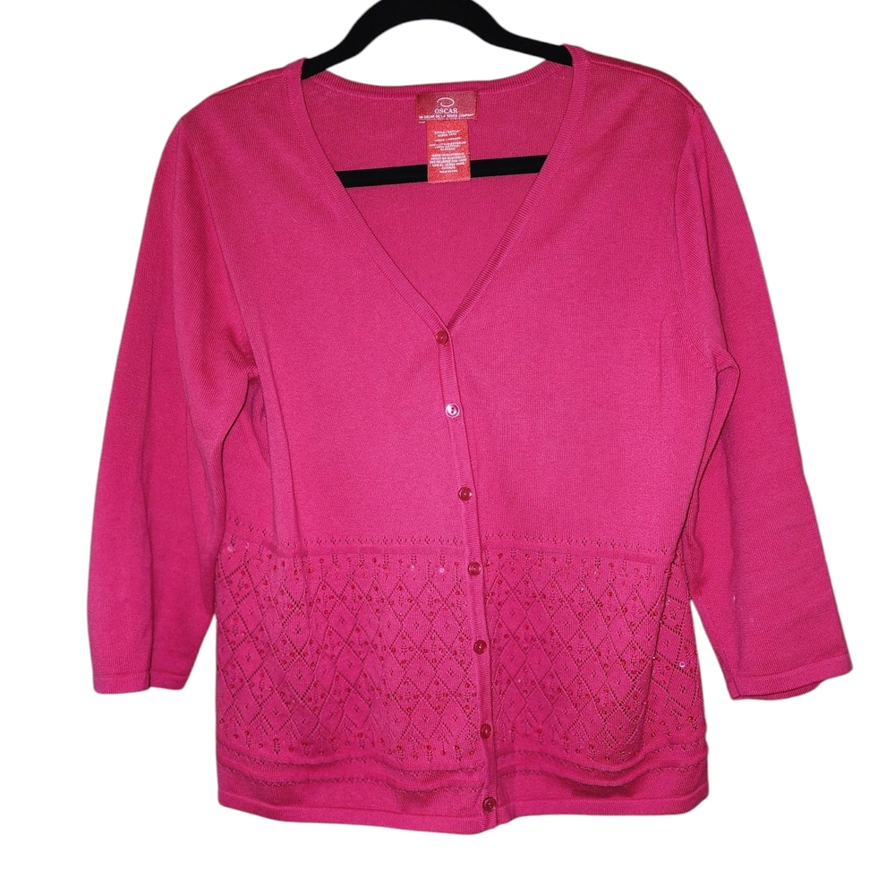 2/25 Oscar By Oscar De La Renta Red Cardigan With Beaded Pattern